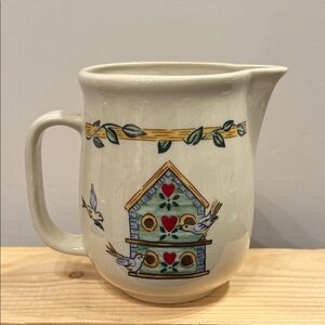 Vintage Thompson Pottery Creamer pitcher with Blue Bird and birdhouse